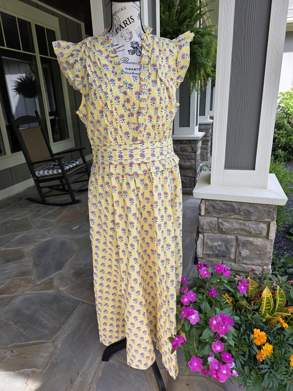 Yellow Floral Maxi Dress with Ruffled Shoulders